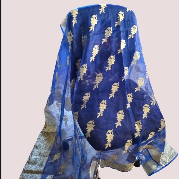 Dupatta Royal Light Blue Floral Silk Scarf 76'' L x 41'' W India Fancy Chiffon - Picture 6 of 10